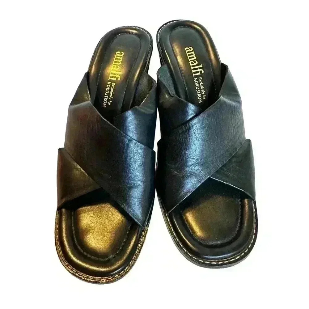AMALFI for NORDSTROM Strappy Sandals Chunky Heels Sz 8 AA Black Leather ITALY